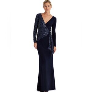 Lauren‎ Ralph Lauren Navy Sequin Wrap Maxi Dress Long Sleeve Elegant